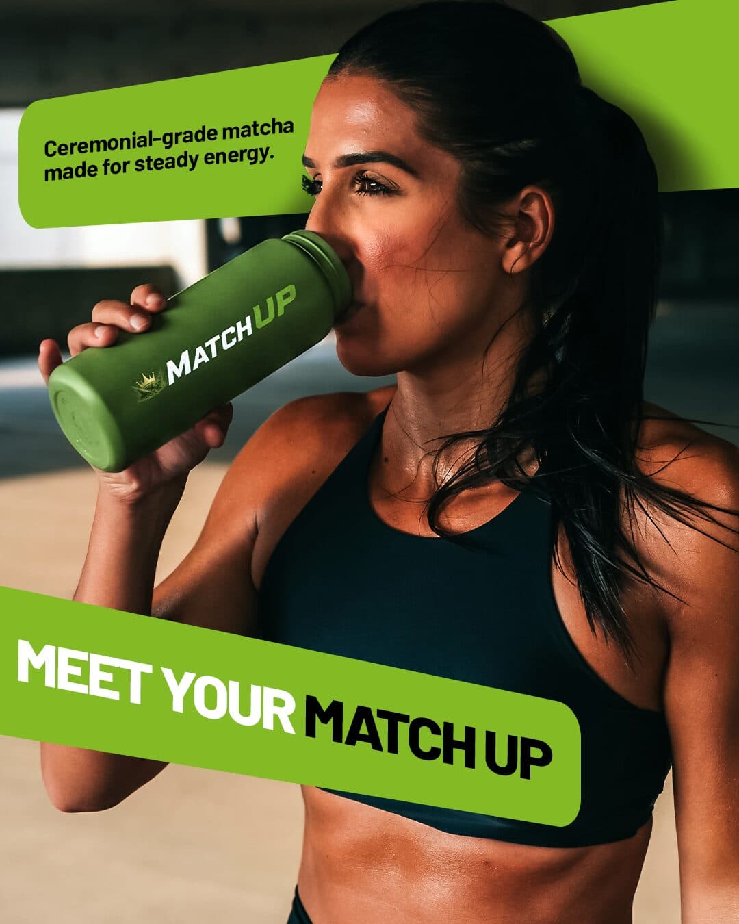 Athlete drinking MatchUP matcha from a branded bottle — meet your MatchUP
